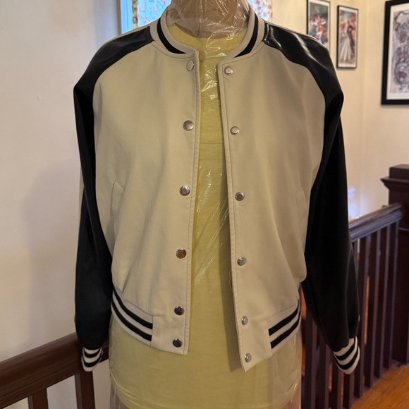 By Anthropologie Colorblock Faux Leather Bomber Jacket - Picture 2 of 11